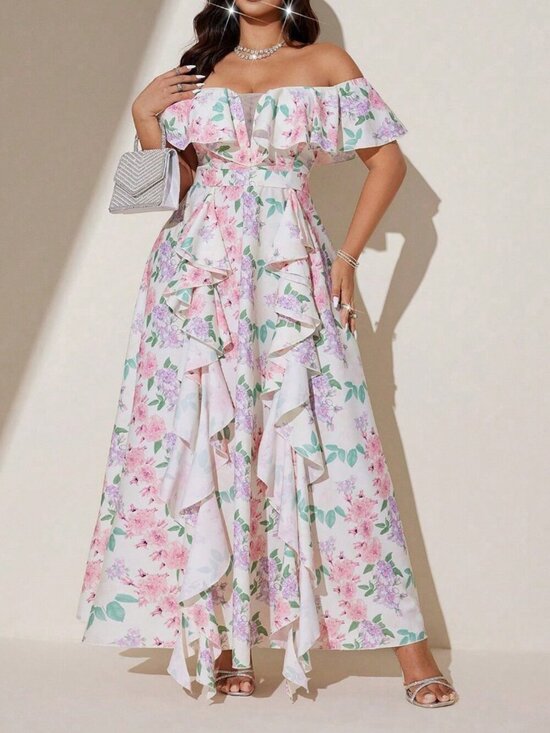 Dresses & Skirts - Multicolor Boho Women's Plus Size Off Shoulder Floral Ruffle Detail Maxi Dress